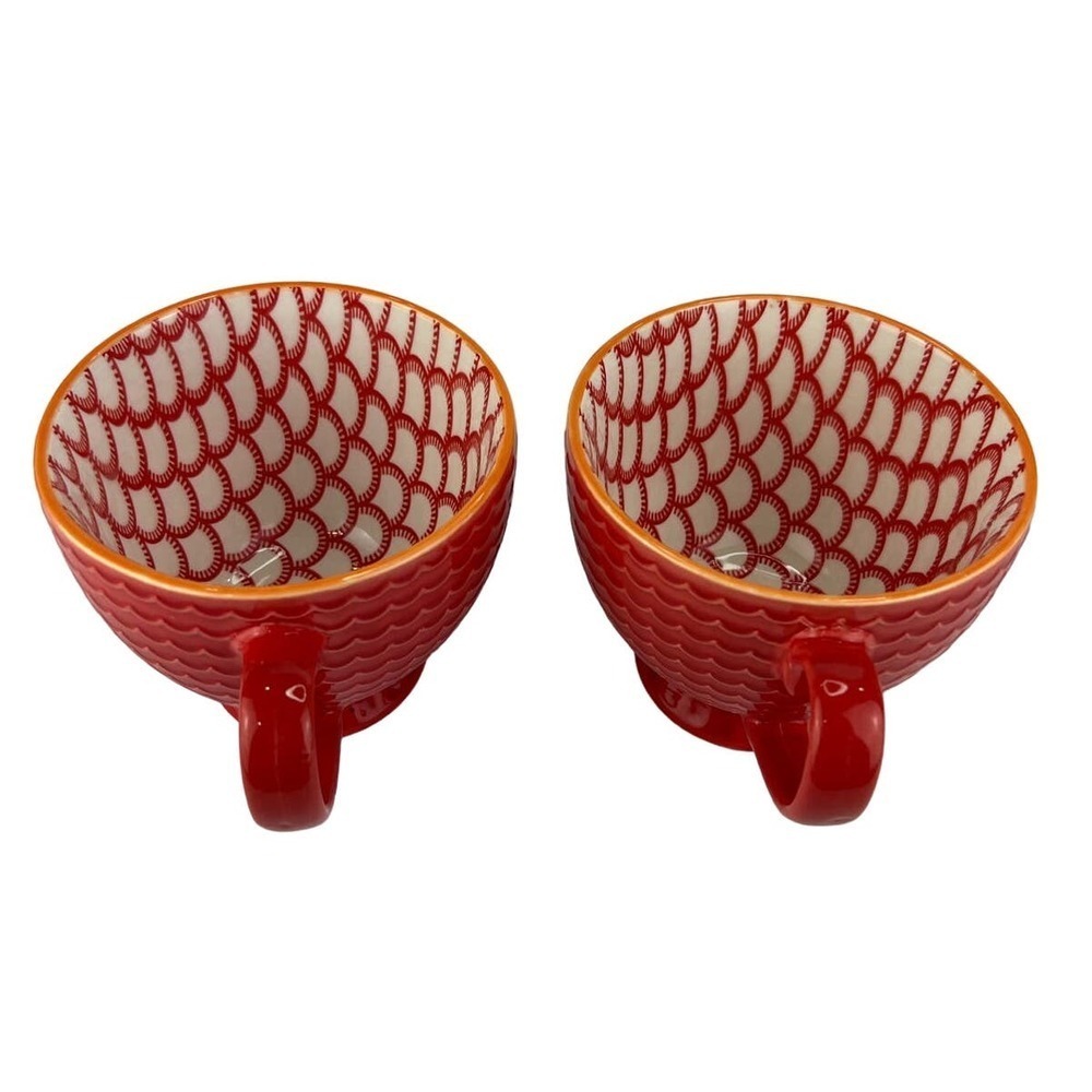 Pfaltzgraff Everyday Orange Red Coffee Mugs (2) Geometric Nautical Design